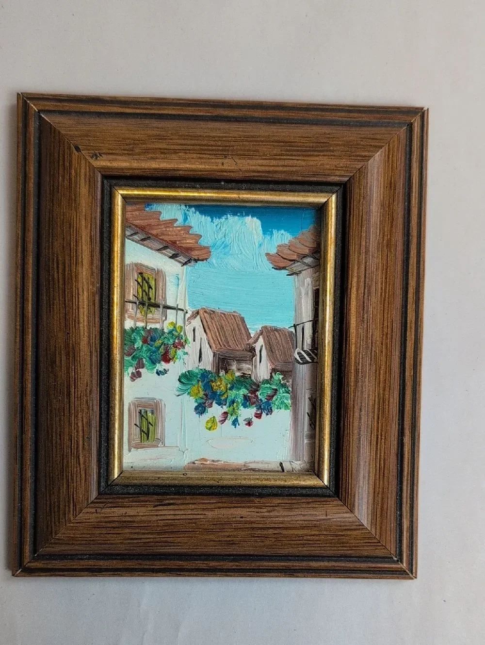 Miniature Framed European Village Street Oil Painting with Bright Florals Vtg